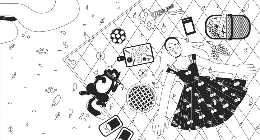 Blanket Picnic Girl Cat Black And White Lofi Wallpaper Sakura Petals Falling On Young Woman 2 D Outline Top View Character Cartoon Flat Illustration Springtime Vector Line Lo Fi Aesthetic Background Illustration