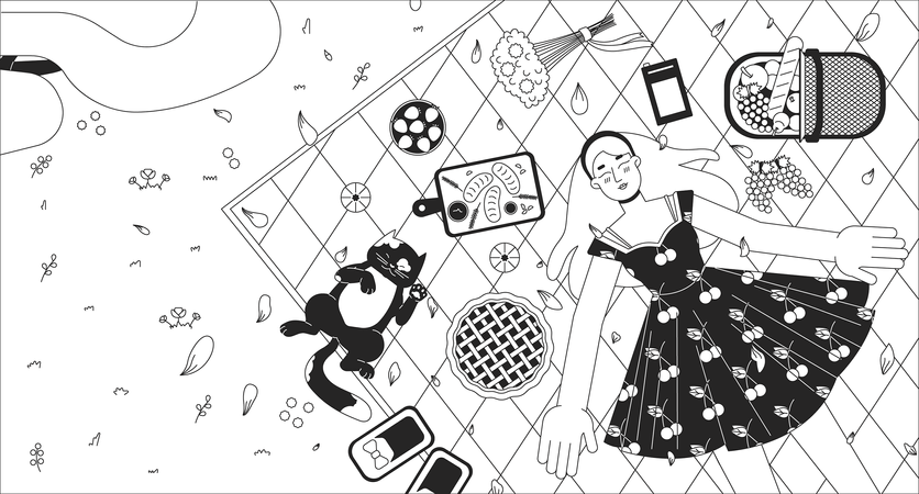Blanket picnic girl cat  イラスト