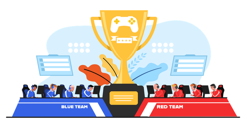 Blaues und rotes Team kämpfen im Cyber-Kriegsspiel  Illustration