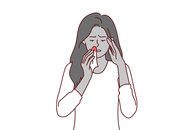 Bleeding from nose of sick woman holding handkerchief caused by high intracranial pressure  イラスト