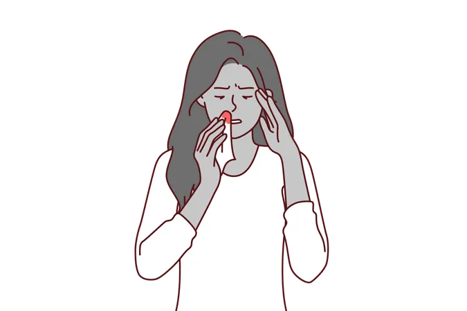 Bleeding From Nose Of Sick Woman Holding Handkerchief With Blood Stains Caused By High Intracranial Pressure Upset Girl In Casual T Shirt Needs Medications To Lower Intracranial Pressure Illustration