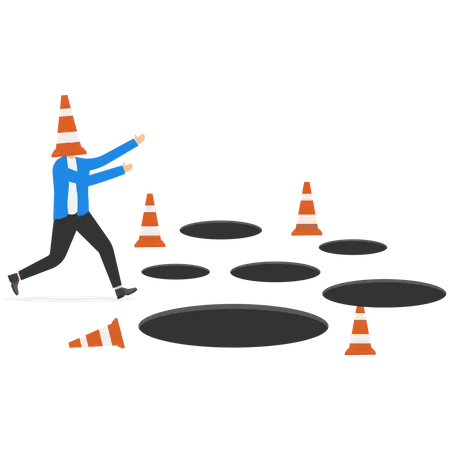 Blind And Frustrated Business Direction Mistake Or Failure Trap Or Crisis Ahead Risk And Uncertainty Concept Blindfold Businessman Cover With Pylon Walking To Fall Into The Hole Or Business Trap Illustration