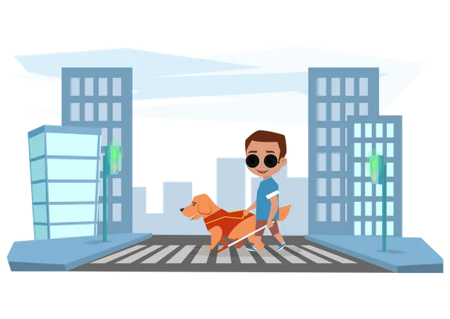 Blind boy crossing road with help of dog Illustration