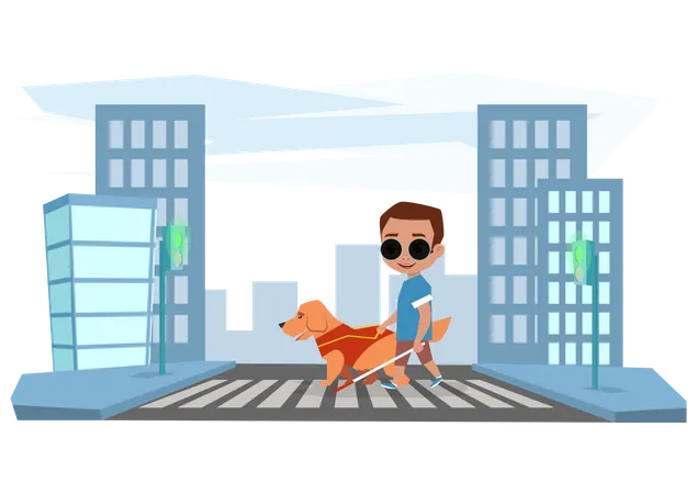 Blind boy crossing road with help of dog  Illustration