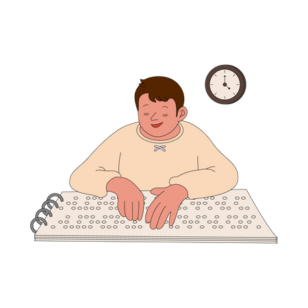 Blind boy reading braille code  Illustration