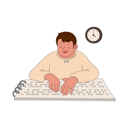 Blind boy reading braille code  Illustration