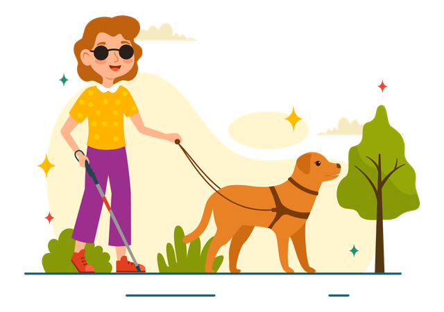 Blind girl going outside with dog  Illustration