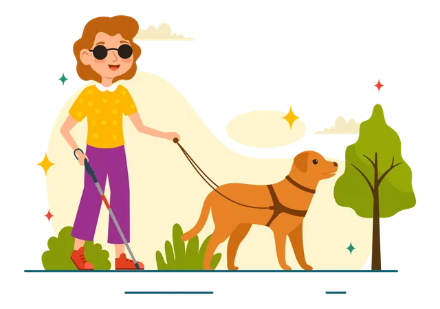 Blind girl going outside with dog  Illustration