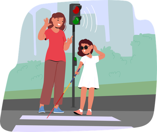 Blind Girl Using Cane While Crossing Street With Adult Help  Illustration