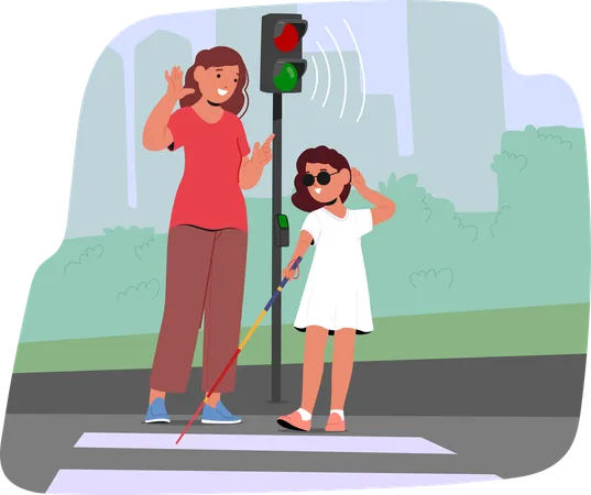 Blind Girl Using Cane While Crossing Street With Adult Help  Illustration