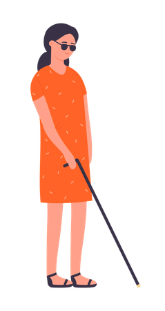 Blind girl walking using stick  イラスト