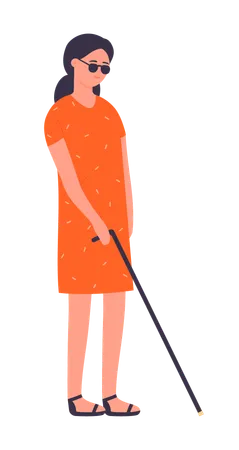 Blind girl walking using stick  일러스트레이션