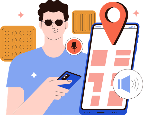 Blind man find location using audible map  Illustration