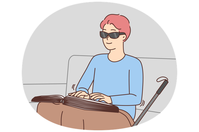 自宅で点字の本を読む盲人  イラスト