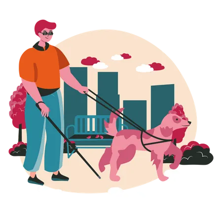 Blind man walking with guide dog at street  Illustration