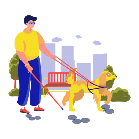 Blind man walking with guide dog at street  Illustration
