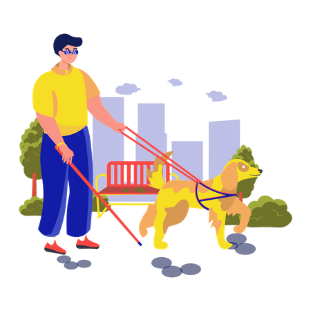 Blind man walking with guide dog at street  Illustration