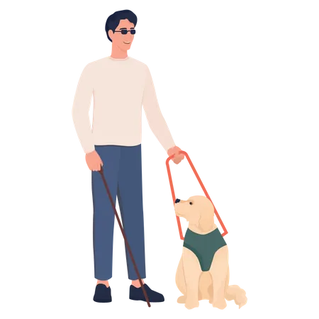 Blind man walking with help of guide pet dog  Illustration