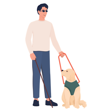 Blind man walking with help of guide pet dog  Illustration