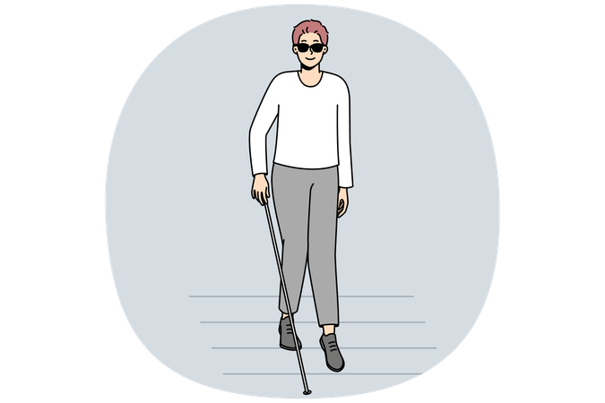 Blind man with stick walking on crosswalk  Illustration