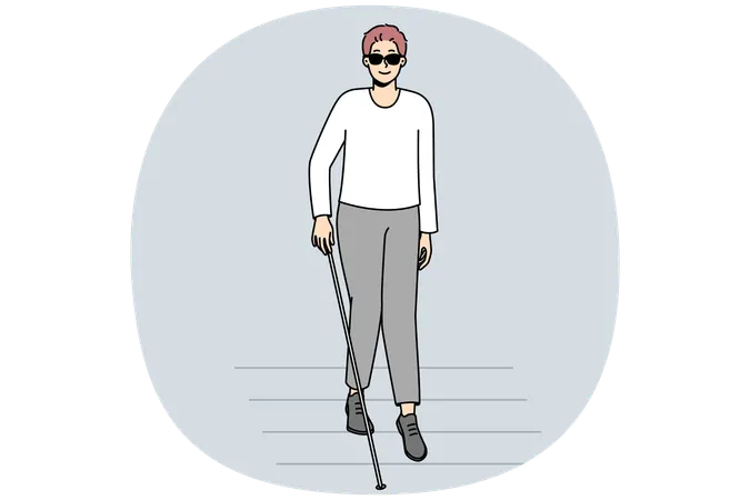 Blind man with stick walking on crosswalk  Illustration