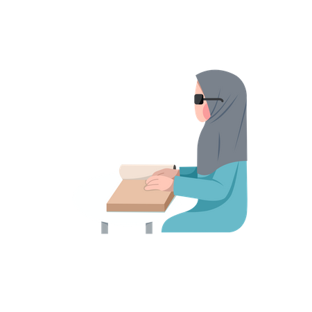Blind Muslim Woman Reading Braille Book Illustration