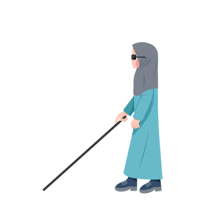 Blind Muslim Woman Walking With Cane Illustration