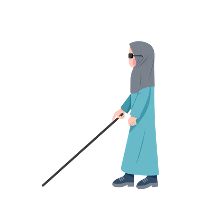 Blind Muslim Woman Walking With Cane  Illustration