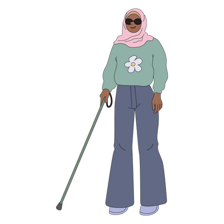 Blind muslim woman walking with help of stick  Illustration