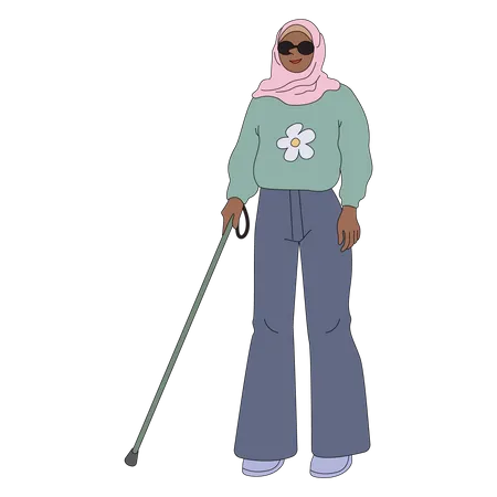 Blind muslim woman walking with help of stick  Illustration