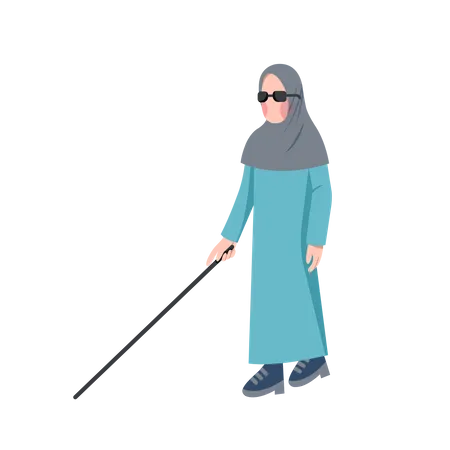 Blind Muslim Woman Walking With Long Cane  Illustration