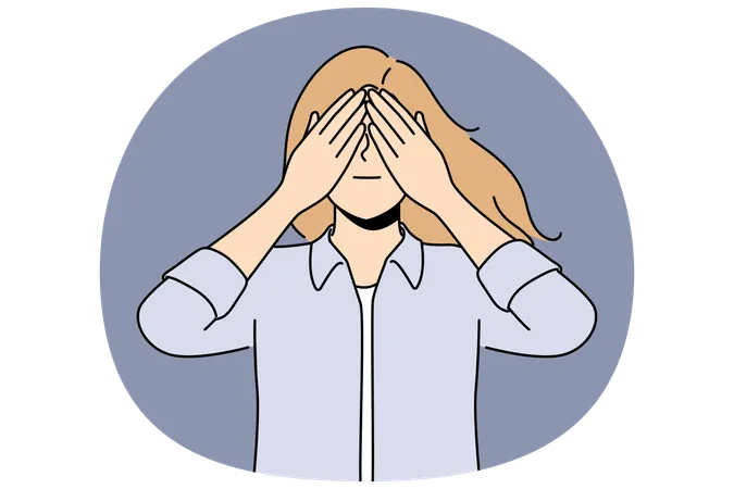 Blind woman closes eyes in anticipation of surprise or playing with small child  Illustration