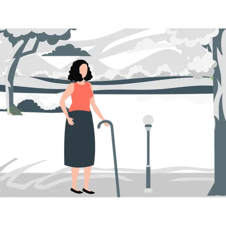 Blind woman goes for walk in garden  Illustration