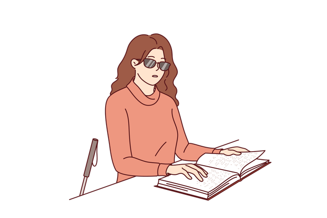 Blind woman reads braille book using literature for people with disabilities to gain new knowledge  Illustration