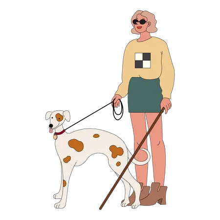 Blind woman walking with pet dog  Illustration