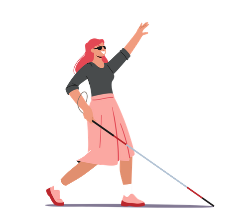 Blind Woman With Cane And Sunglasses Walking Along Street  Illustration