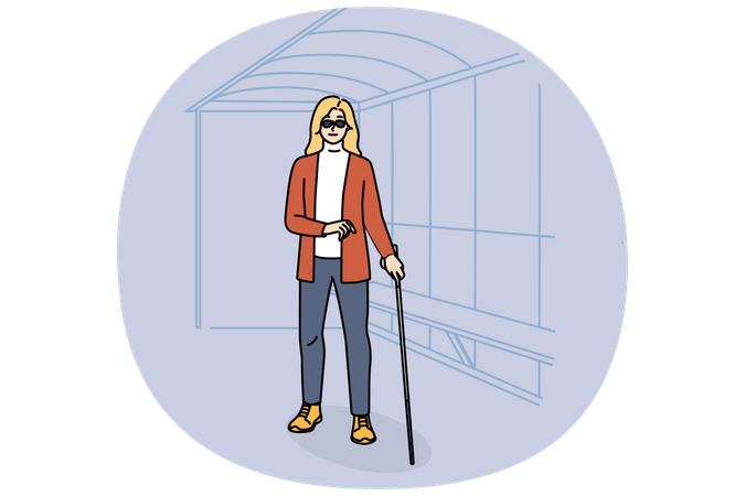 Blind woman with cane wait on bus stop  Illustration