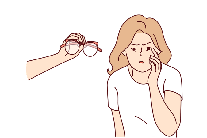 Blind woman with poor vision looks closely at small text standing near hand with glasses  Illustration