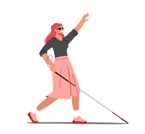 Blinde Frau mit Stock und Sonnenbrille zu Fuß entlang der Straße  Illustration