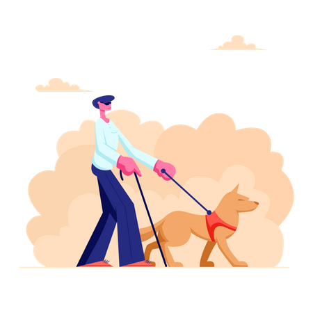 Blinder Mann geht mit Blindenhund spazieren  Illustration