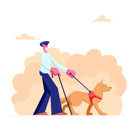 Blinder Mann geht mit Blindenhund spazieren  Illustration