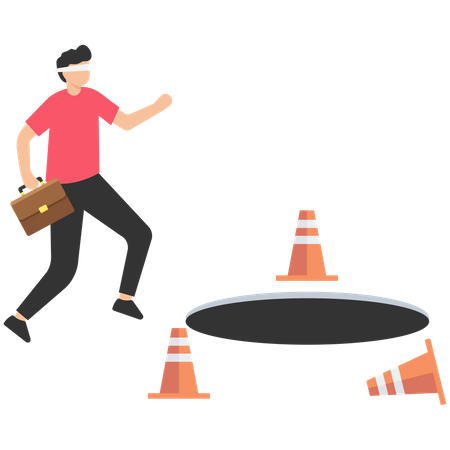 Blindfold businessman cover with pylon walking to fall into the hole or business trap  Illustration