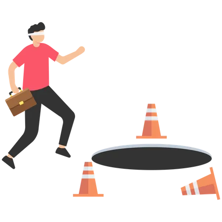 Blindfold businessman cover with pylon walking to fall into the hole or business trap  Illustration