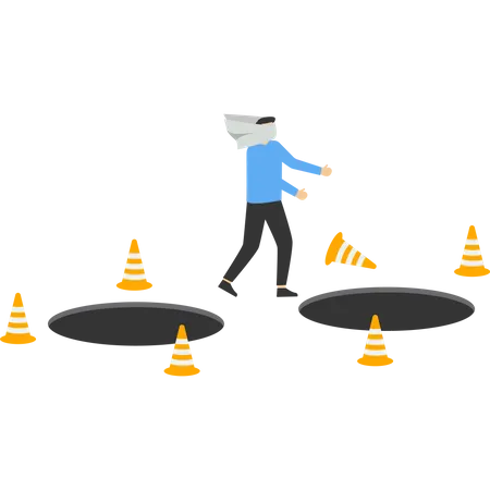 Blindfold businessman with walking paper falling into business pitfall or trap  Illustration