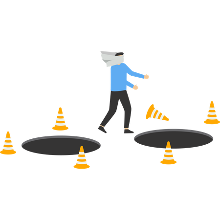 Blindfold businessman with walking paper falling into business pitfall or trap  イラスト