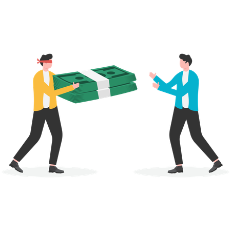 Blindfolded businessman giving dollar coin money  Illustration