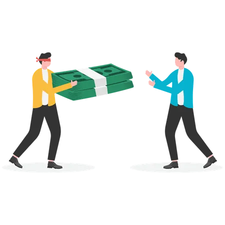 Blindfolded businessman giving dollar coin money  Illustration