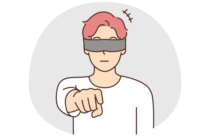 Blindfolded man point at screen  Illustration