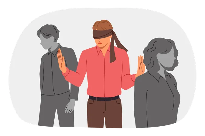 Blindfolded man wanders among colleagues feeling insecure due to lack professional qualifications  Illustration