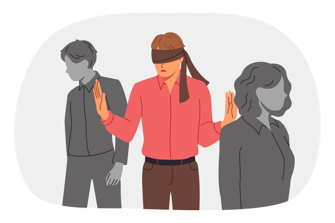 Blindfolded man wanders among colleagues feeling insecure due to lack professional qualifications  Illustration